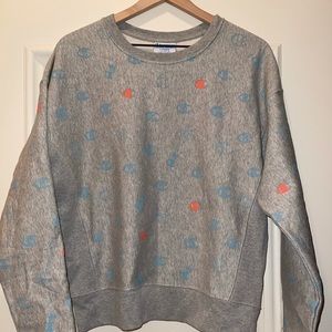 champion light grey crew neck with colorful logos
